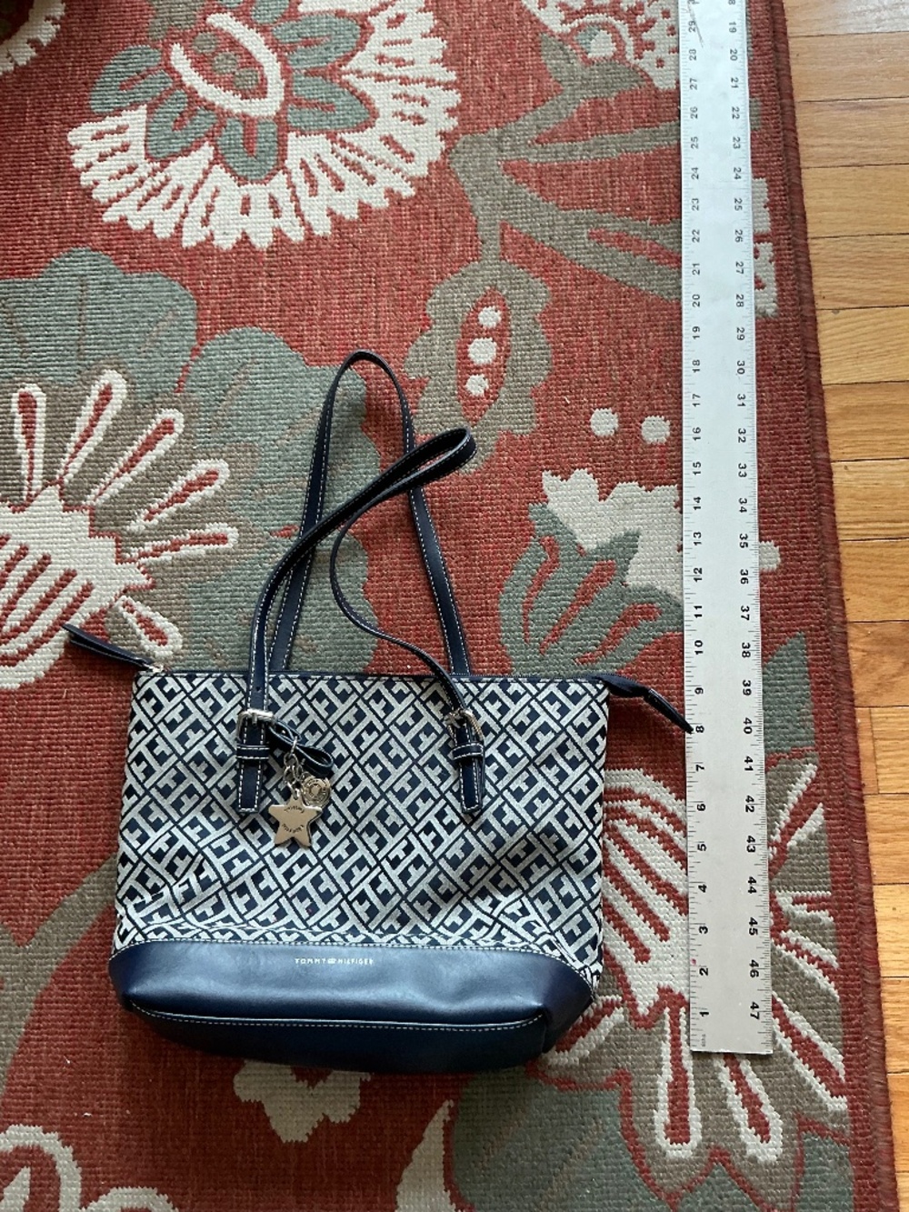 ⁠Tommy Hilfiger Navy White Monogram Canvas Tote Shoulder Bag w/ Star Charm⁠
